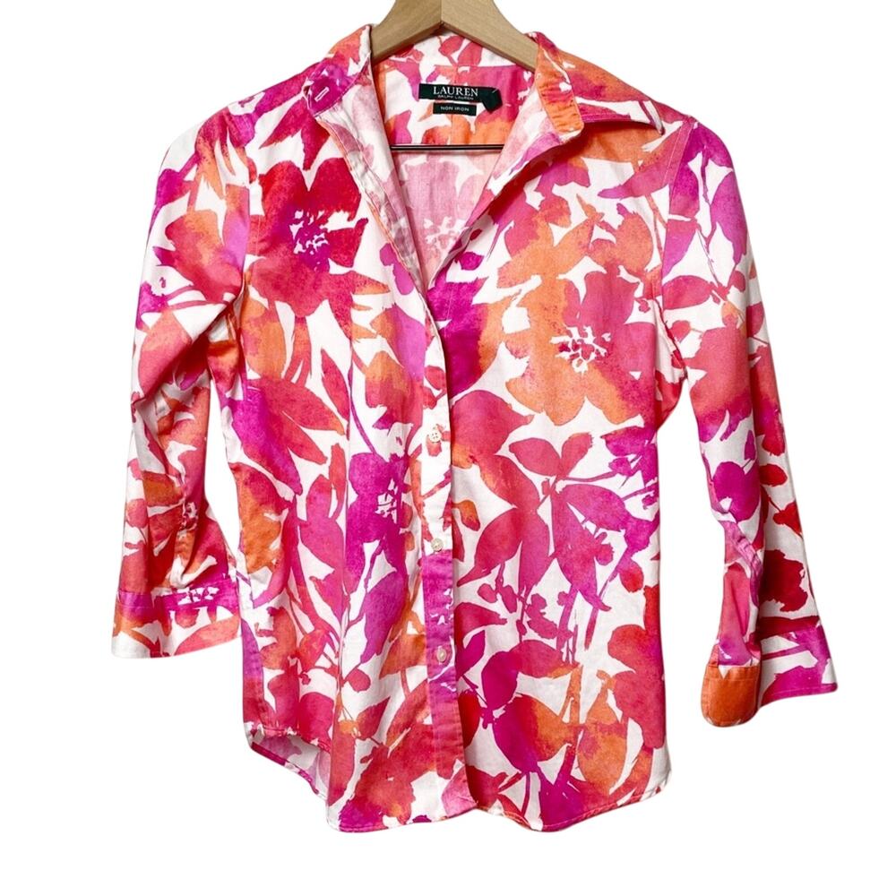 Lauren Ralph Lauren Long Sleeve Floral Print Button Up Orange Pink Top